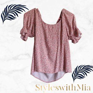 Pink Floral Balloon Sleeve Top with Design Tie in the back